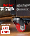Close-up of a 24 pack 2 inch caster wheels with swivel plate and brake, red polyurethane locking casters designed for smooth rolling and solid holding.