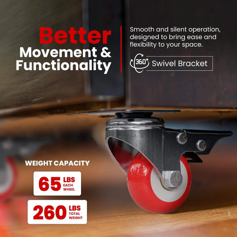 Close-up of a 24 pack 2 inch caster wheels with swivel plate and brake, red polyurethane locking casters designed for smooth rolling and solid holding.