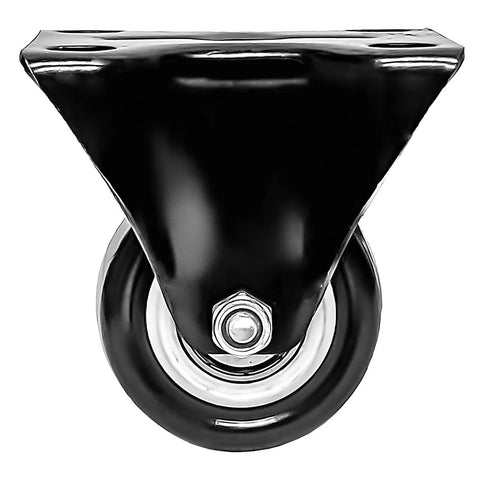 Front view of 12 Pack 2 Inch Rigid Caster Wheels Non Swivel All Black Polyurethane Heavy Duty Non Marking Quiet 150 Lb Load Capacity Per Wheel
