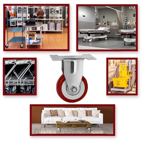 12 Pack 2 Inch Rigid Caster Wheels with red polyurethane tires, top plate, and fixed design for carts and furniture.