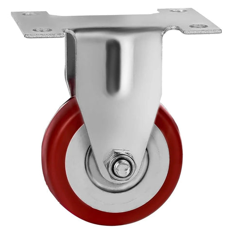 Close-up of 12 Pack 2 Inch Rigid Caster Wheels with red polyurethane tires and top plate mounting featuring non swivel fixed design.
