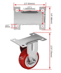 12 Pack 2 Inch Rigid Caster Wheels with red polyurethane tires and top plate mounting showing dimensions and mounting details.