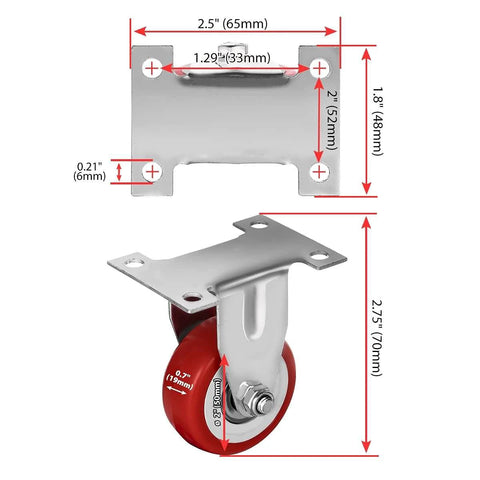 12 Pack 2 Inch Rigid Caster Wheels with red polyurethane tires and top plate mounting showing dimensions and mounting details.