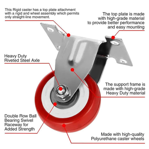 Close-up of 12 Pack 2 Inch Rigid Caster Wheels with red polyurethane tires and top plate mounting, showcasing heavy-duty design.