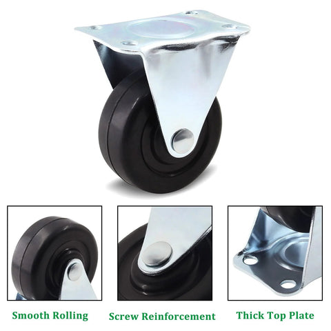 Heavy Duty 2 Inch Rubber Caster Wheels for Furniture, Rigid Fixed Casters with Non Swivel Top Plate, Durable Polyurethane Rubber