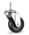 Two Inch Rubber Casters With One Quarter Twenty Threaded Stem For Carts And Wire Shelving NSF Listed Includes Two Locking And Two Non Locking Wheels With Combined Load Rating Of 360 Pounds For Four Wheels. Black rubber caster with threaded stem visible.