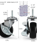 Two Inch Rubber Casters With One Quarter Twenty Threaded Stem For Carts And Wire Shelving NSF Listed Includes Two Locking And Two Non Locking Wheels With Combined Load Rating Of 360 Pounds For Four Wheels, showing front and side view.