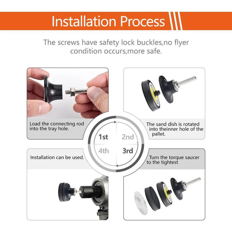 Installation process for 2 Inch Sanding Discs Variety Kit For Drill, Grinder And Rotary Tools showing assembly steps and components.