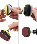 Hand applying and attaching 2 Inch Sanding Discs Set 80 To 3000 Grit With One Quarter Inch Shank Backing Pad to tool