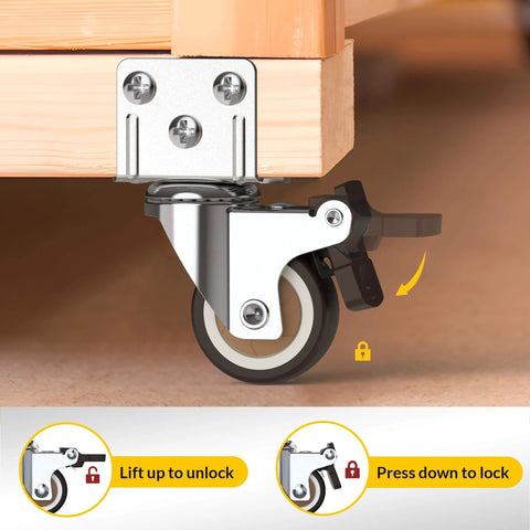 2 Inch Side Mount Casters Set of 4 Heavy Duty Furniture Wheels with Thick L Shaped Plate and brake mechanism detail
