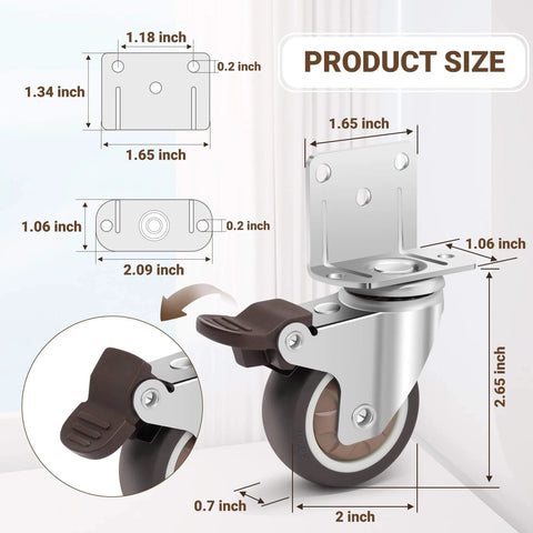 2 Inch Side Mount Casters Set of 4 L Shaped Silent Rubber Swivel Wheels with Brakes 600 Lbs Load Capacity Locking Castors dimensions