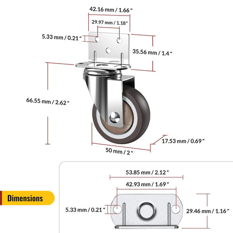 2 Inch Side Mount Casters Set of 4 Heavy Duty Furniture Wheels with Thick L Shaped Plate dimensions diagram