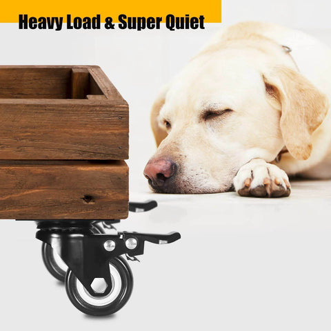 2 inch heavy duty caster wheels set of 4 rated 600 lb total silent swivel casters with locking brakes under wooden cart next to dog