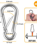 Diagram of 2 Inch Carabiner Clips Set 12 Pack 304 Stainless Steel With Spring Snap Hook Quick Link Clip 207 Lb Capacity, dimensions shown.