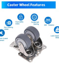 2 Inch Stainless Steel Caster Wheels Set Of 4 With Brakes, Anti Rust Swivel Casters, Silent Non Marking TPR Wheels For Furniture