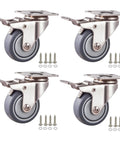 2 Inch Stainless Steel Caster Wheels Set Of 4 With Brakes, Anti Rust Swivel Casters, Silent Non Marking TPR Wheels