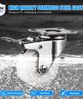 Close-up of a 2 Inch Stainless Steel Caster Wheel Set Of 4 With Brakes, Anti Rust Swivel Casters, Silent Non Marking TPR Wheels