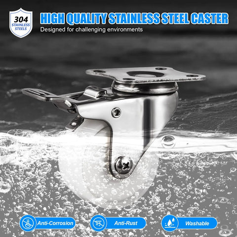 Close-up of a 2 Inch Stainless Steel Caster Wheel Set Of 4 With Brakes, Anti Rust Swivel Casters, Silent Non Marking TPR Wheels