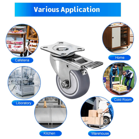 2 Inch Stainless Steel Caster Wheels Set Of 4 With Brakes, Anti Rust Swivel Casters, Silent Non Marking TPR Wheels for furniture, labs.