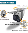 Close-up of 2 inch stainless steel caster wheels with total lock brakes, showcasing a double brake and 360-degree swivel plate.