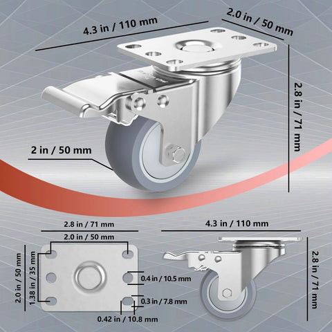 2 Inch Heavy Duty Stainless Steel Caster Wheels With Brake Swivel Set Of 4, 1000 Lbs Total Load, Quiet Non Marking TPR Wheels