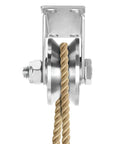 Front view of a 304 stainless steel 2 inch V groove wheel pulley with rope, part of a ✝️ 2 Pack 2 Inch V Groove Wheel Pulley, 304 Stainless Steel Silent Pulley Block, Heavy Duty Caster Wheels Sliding Gate Rollers Pressure Bearing Pulley, Loading 880lb for Handling and Moving heavy duty stainless pulley wheel for lifting and riggi.