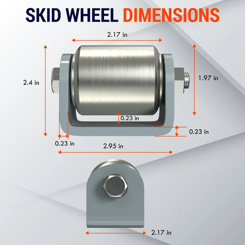 Diagram showing dimensions of 2 Pack 2 Inch Weld On Skid Wheels For Trailers And RVs, Heavy Duty Steel Rollers To Protect Undercarriage.