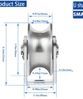 Front view of 2 Pack 2 Inch Pulley Block U Grooved Wheel Pulley, 304 stainless steel, showing dimensions and U-shaped groove.
