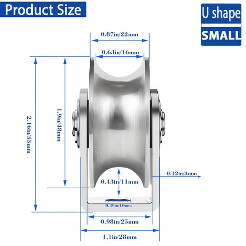 Front view of 2 Pack 2 Inch Pulley Block U Grooved Wheel Pulley, 304 stainless steel, showing dimensions and U-shaped groove.