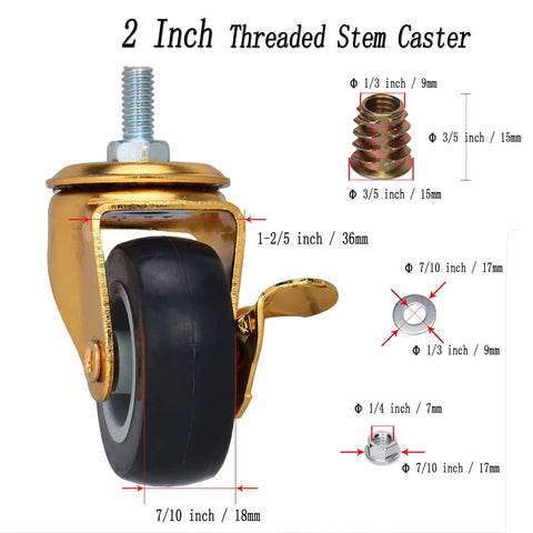 Diagram showing 2 Inch Stem Caster Wheels With Brake For Workbenches And Trolleys, 6 Mm Screw Diameter, 15 Mm Thread Length, M6 1.0 Metric