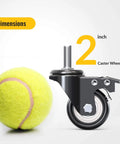 2 Inch Stem Caster Wheel compared to tennis ball showing dimensions, heavy duty swivel with 3/8 Inch 16 x 1 threaded stem, PVC wheel
