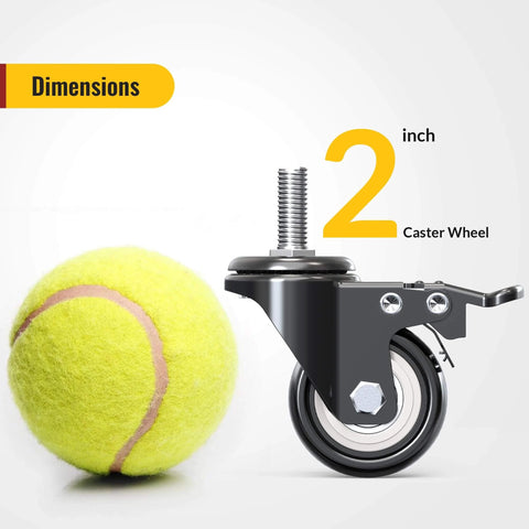 2 Inch Stem Caster Wheel compared to tennis ball showing dimensions, heavy duty swivel with 3/8 Inch 16 x 1 threaded stem, PVC wheel