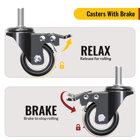 Diagram showing 2 Inch Stem Caster Wheels Total Locking Set of 4 Heavy Duty Swivel Casters with brake and release function.