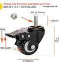 Two Inch Stem Caster Wheels With Safety Dual Locking Brakes Heavy Duty Swivel Casters 600 Pound Capacity Threaded Stem Size Three Eighths By Sixteen By One No Noise Set Of Four For Heavy Duty Trolleys And Equipment Use featuring close-up dimensions and locking mechanism
