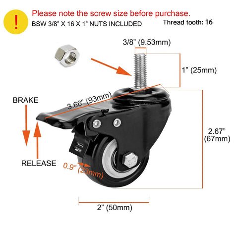 Two Inch Stem Caster Wheels With Safety Dual Locking Brakes Heavy Duty Swivel Casters 600 Pound Capacity Threaded Stem Size Three Eighths By Sixteen By One No Noise Set Of Four For Heavy Duty Trolleys And Equipment Use featuring close-up dimensions and locking mechanism