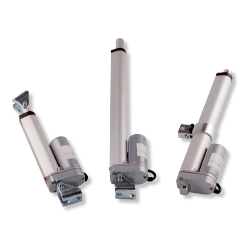 Three 2 Inch Stroke Light Duty Linear Actuators 200 Lbs Dynamic Push Pull 400 Lbs Static Force 12 Volt DC IP54 on white background