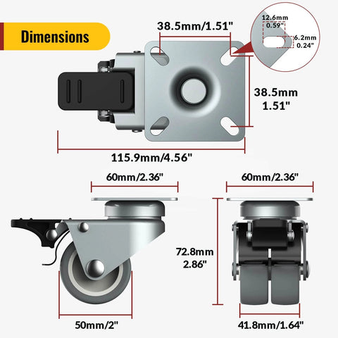 Dimensions of 2 Inch Swivel Caster Wheels Set of 4 Heavy Duty Twin Wheel Casters with Total Lock Design TPR No Noise Wheels for Furniture