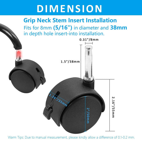 4pcs 2 Inch Swivel Caster Wheels with M8 Grip Neck Stem and Brake dimensions and installation details