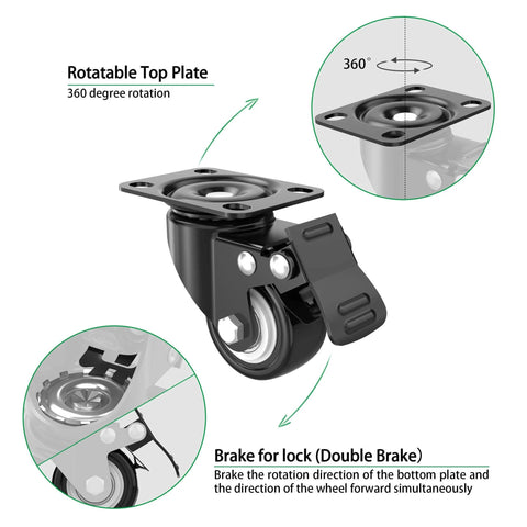 2 Inch Heavy Duty Swivel Caster Wheels Set of 4 with Brake, showcasing dual locking swivel plate and quiet polyurethane PU wheel