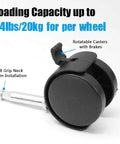 4pcs 2 Inch Swivel Caster Wheels with M8 Grip Neck Stem and Brake Heavy Duty Black Nylon Replacement Casters shown with label details