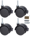 Set of four 2 Inch Swivel Stem Caster Wheels With Brakes For Shelving And Furniture Replacement Durable Polypropylene Casters shown from the front with installation tools included.