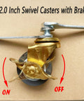 2 Inch Stem Caster Wheels With Brake For Workbenches And Trolleys, gold wheel, close-up, with on-off brake lever, side view.