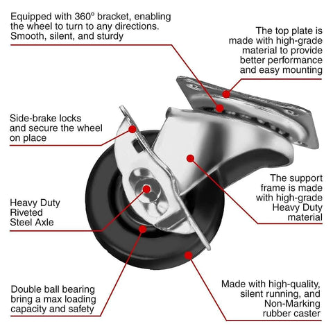 24 Pack 2 Inch Swivel Caster Wheels with Side Brake, Hard Rubber Wheels with Top Plate and Double Ball Bearings close-up view.