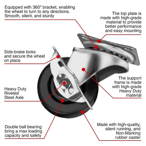 Close-up of 24 Pack 2 Inch Swivel Caster Wheels with Brake, Hard Rubber Wheels with Top Plate Bearing showing side brake lock and sturdy design.