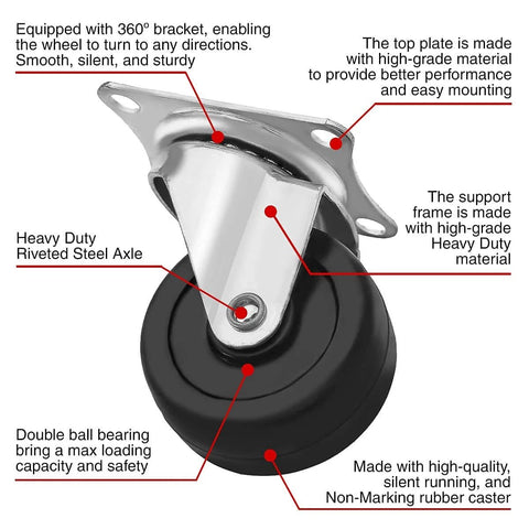 24 Pack 2 Inch Swivel Caster Wheels with Brake, Hard Rubber Wheels with Top Plate Bearing, Non Marking Quiet Rolling Casters detail view.