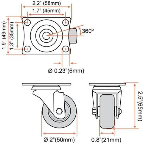 Diagram of 24 Pack 2 Inch Swivel Caster Wheels with Brake, showing dimensions and structure for furniture carts and cabinets.