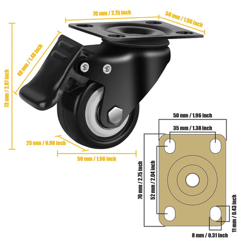 2 inch heavy duty caster wheels set of 4 rated 600 lb total silent swivel casters with locking brakes polyurethane wheels dimensions