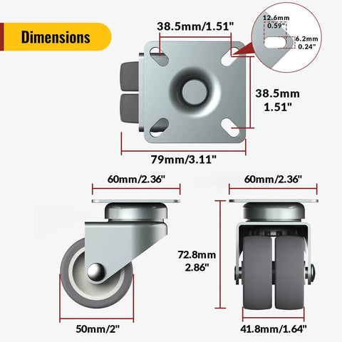 Dimensions diagram of 2 Inch Swivel Caster Wheels Set of 4 Heavy Duty Twin Wheel Casters with Total Lock Design TPR No Noise Wheels