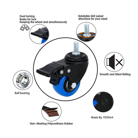 2-Inch Stem Caster Wheels Set Of 4 With 1/2-13 Threaded Stem, Heavy Duty Swivel Casters Featuring Dual Locking Brakes