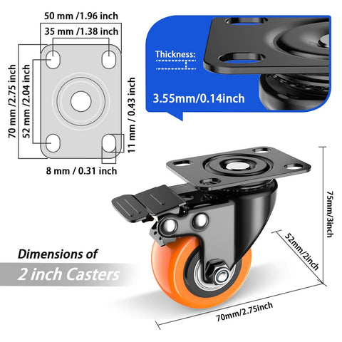 Diagram of 2 inch heavy duty caster wheels set of 4 with locking brakes, showing dimensions and steel housing detail.